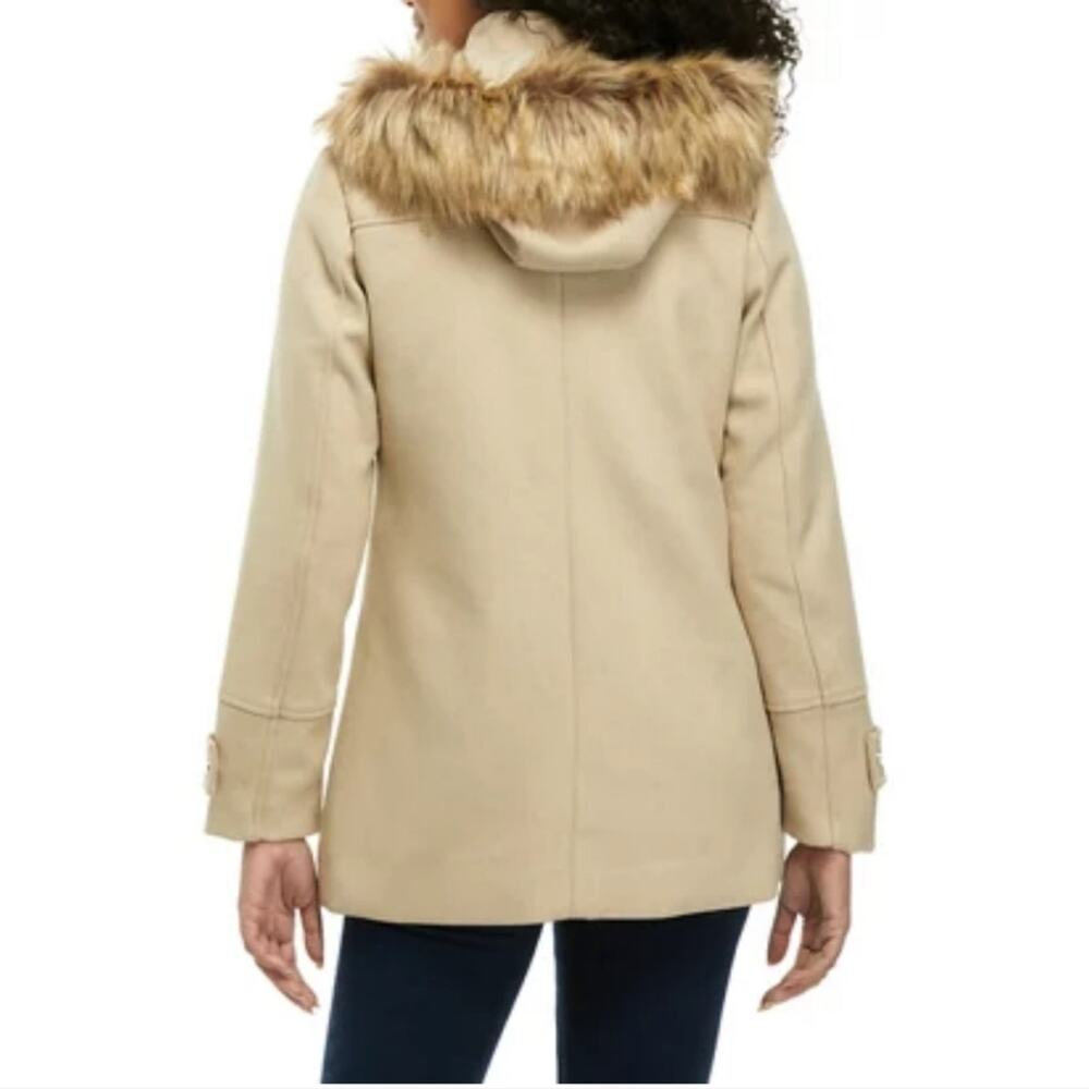 COFFEE SHOP NWT WOMENS SZ L WOOL BLEND FAUX FIR TRIMMED DUFFLE COAT - Picture 3 of 7
